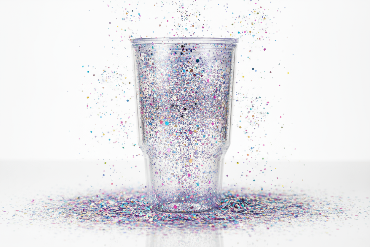24oz plastic snow globe tumbler surrounded by glitter
