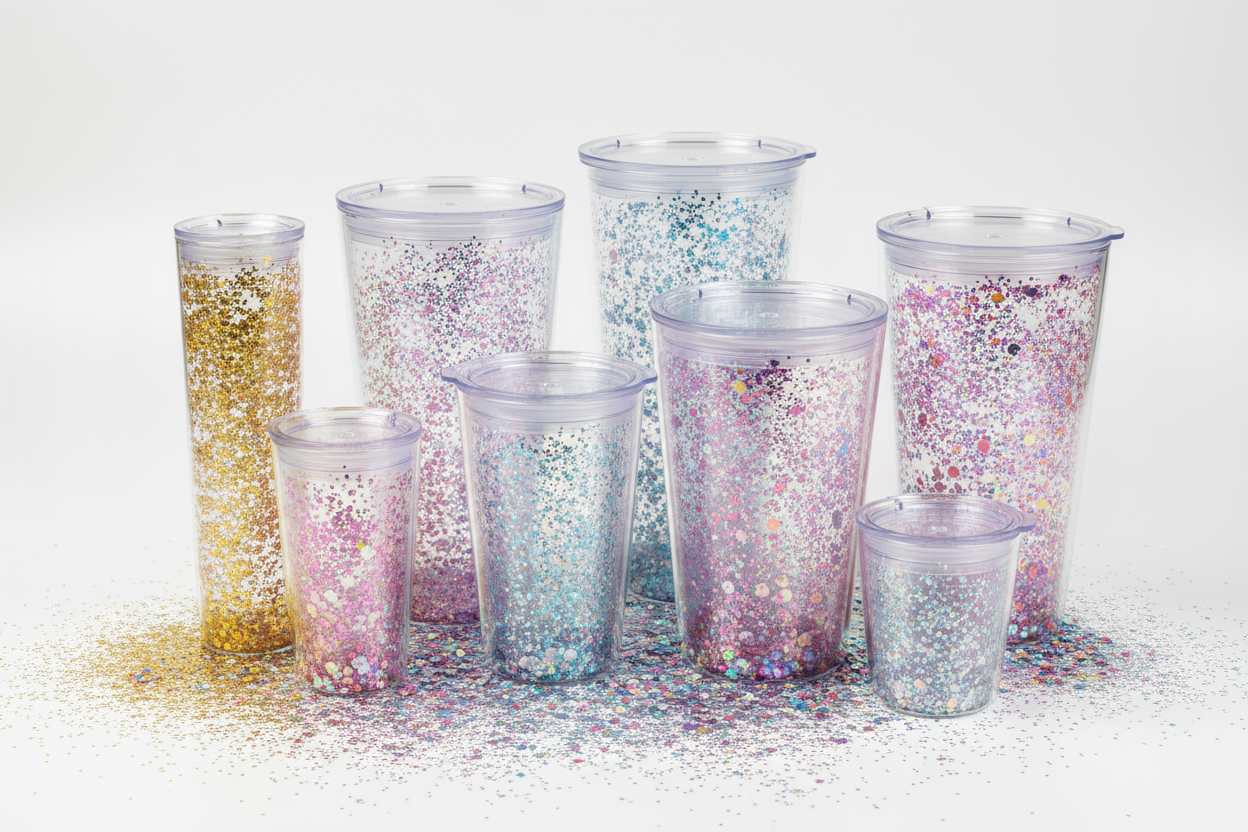 a collection of plastic snow globe tumblers with flat lids surrounded by glitter