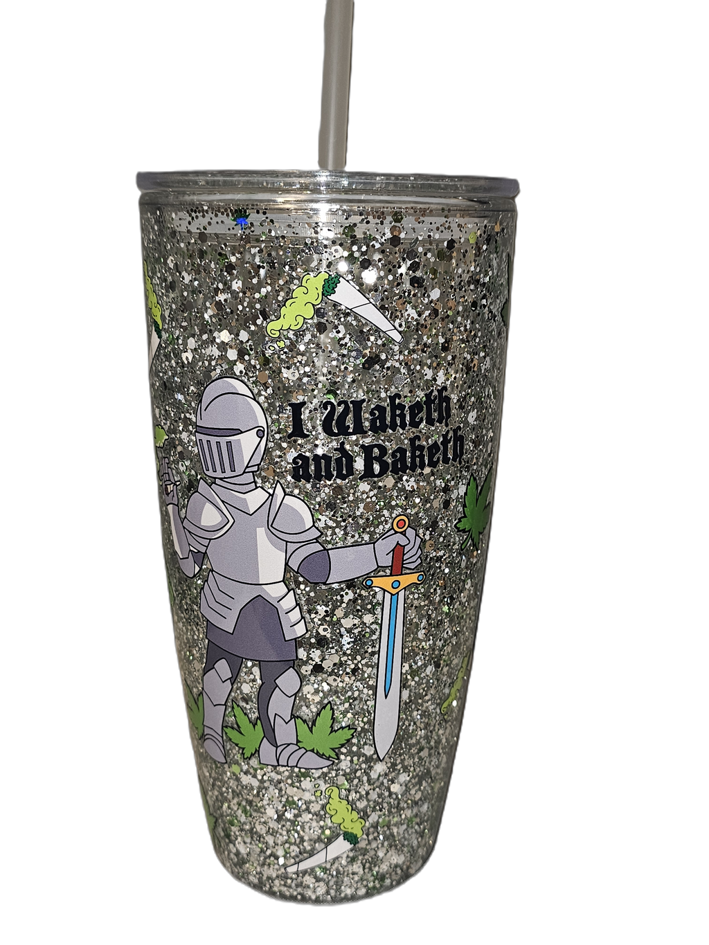 Silver "Waketh and Baketh" Glitter Tumbler